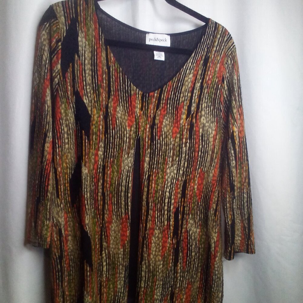 Peck & Peck Blouse Shirt XL Women 3/4 Sleeve Textured Fall Colors